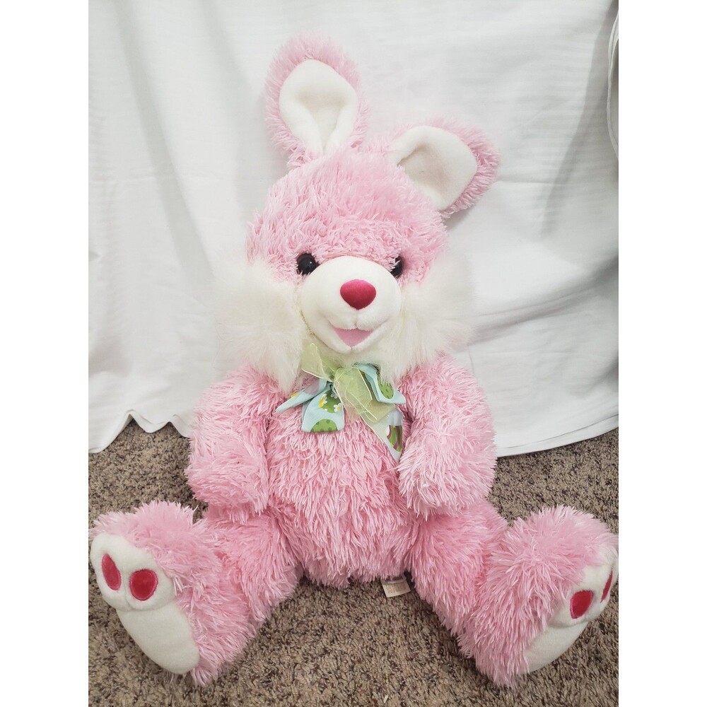 Pink Stuffed Bunny Rabbit Plush Toy with Bow and Tag